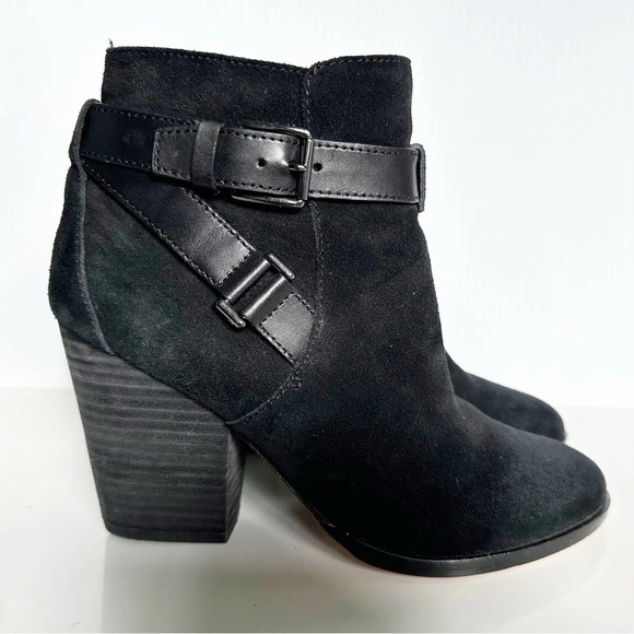 Cole Haan Minna Bootie Black Suede Size 6.5 Buckle Straps Stacked Heel GRAND OS - Picture 1 of 10